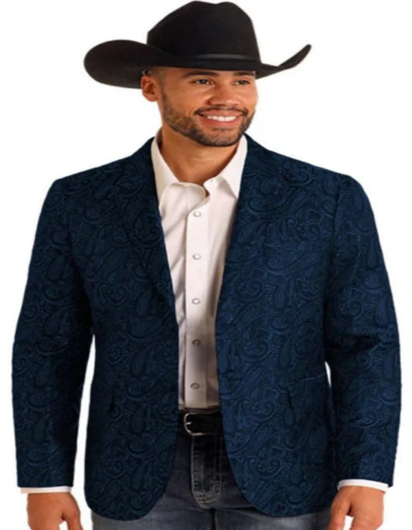 Jackets - Mens Western Blazer - Paisley Pattern Cowboy Tuxedo Jacket in Color Navy