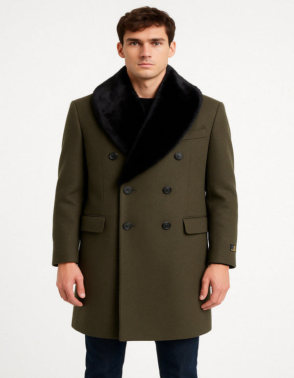 Green Overcoat - Mens Olive Green Wool Overcoat with Black Faux Fur Shawl Collar – Double Breasted Winter Coat