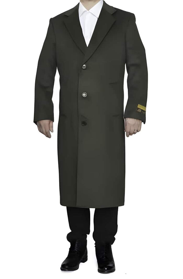 Green Overcoat - 3 Button Full Length Wool Dress Ankle length Top Coat/Overcoat In Dark Olive Green - Mens Topcoat