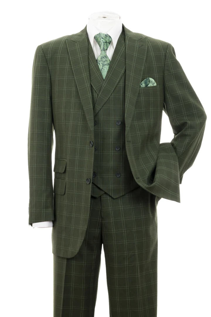 Trajes Elegantes Para Hombre - Trajes De Vestir - Mens Two Button Double Breasted Olive Windowpane Plaid Suit
