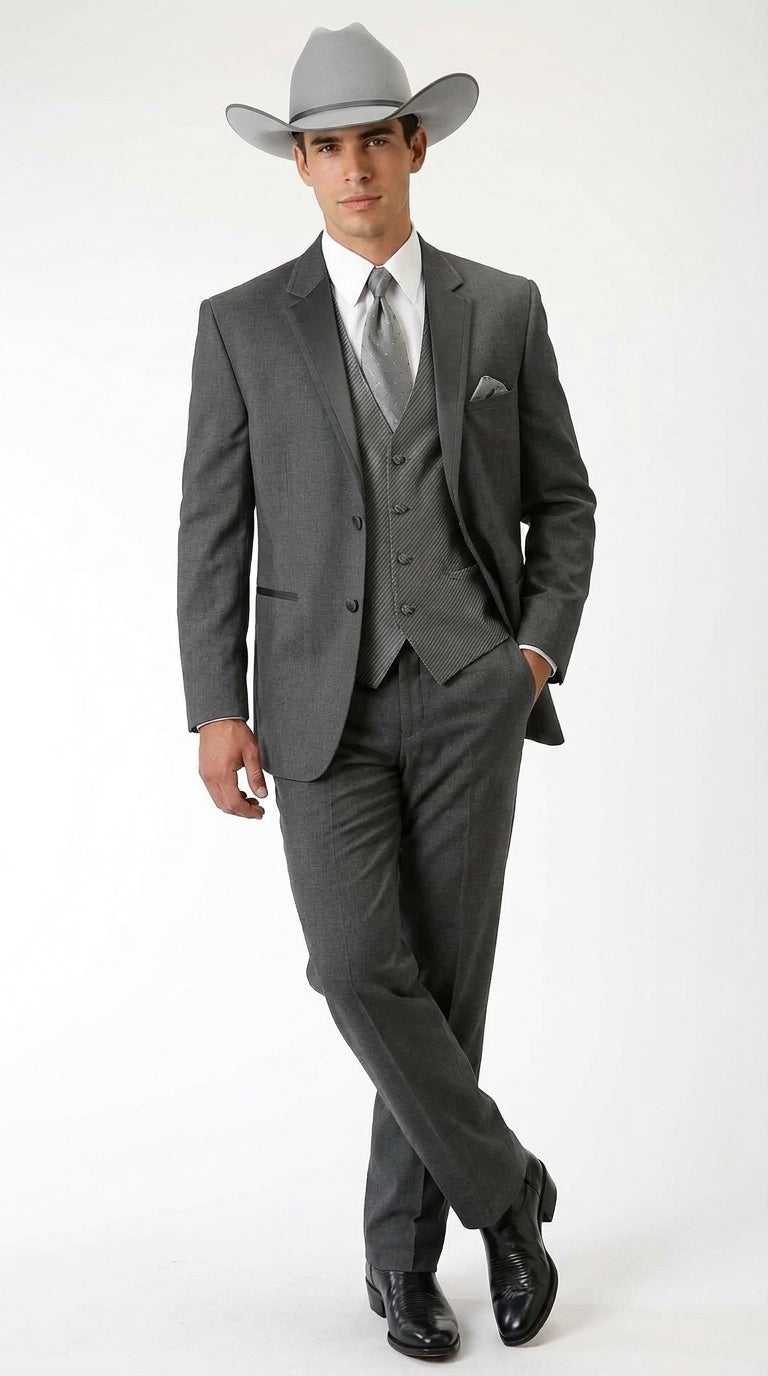 Men’s Grey 2 Button Trim Cowboy Tuxedo Suit, Country Wedding Western Formal Suit
