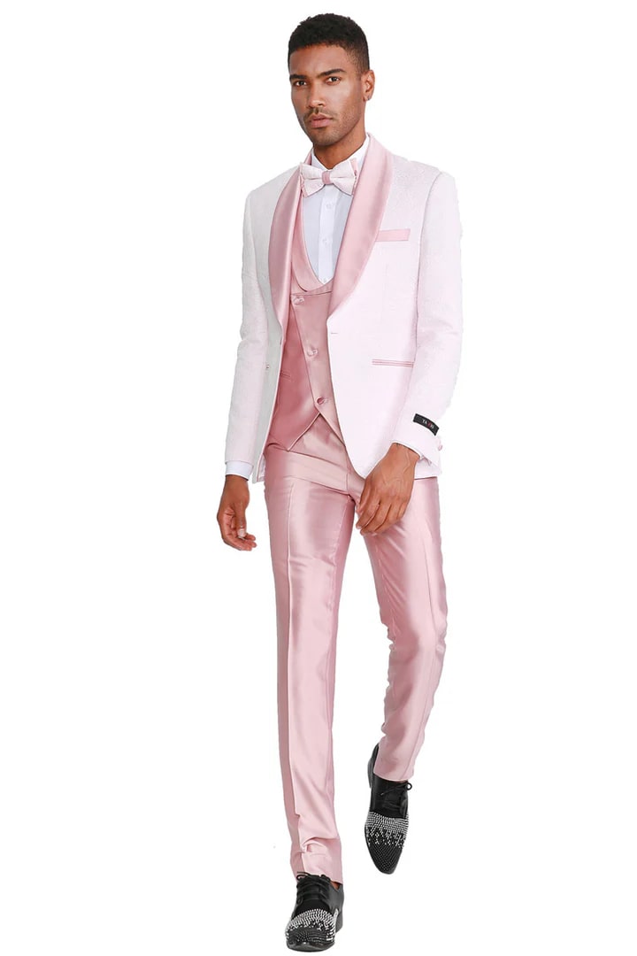 Trajes Elegantes Para Hombre - Trajes De Vestir - Mens One Button Vested Paisley prom and Wedding Tuxedo con chalecos y pantalones de satén rosa