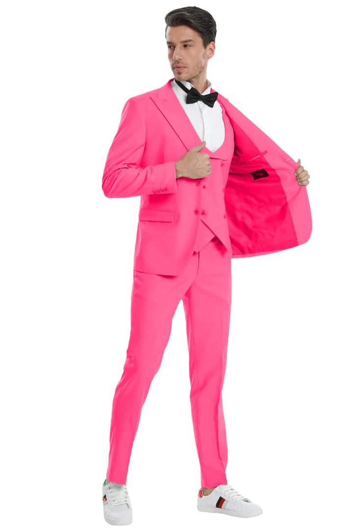 Trajes Elegantes Para Hombre - Trajes De Vestir - Mens Two Button Vested Pastel Fuchsia Pink Suit
