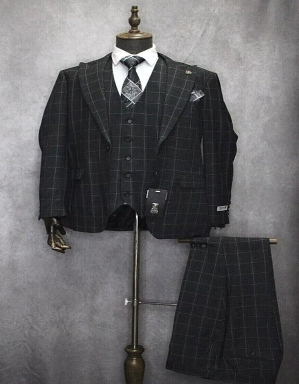 Stacy Adams Suit - Mens Two Button Peak Lapel Plaid Pattern Suit Charcoal ~ White