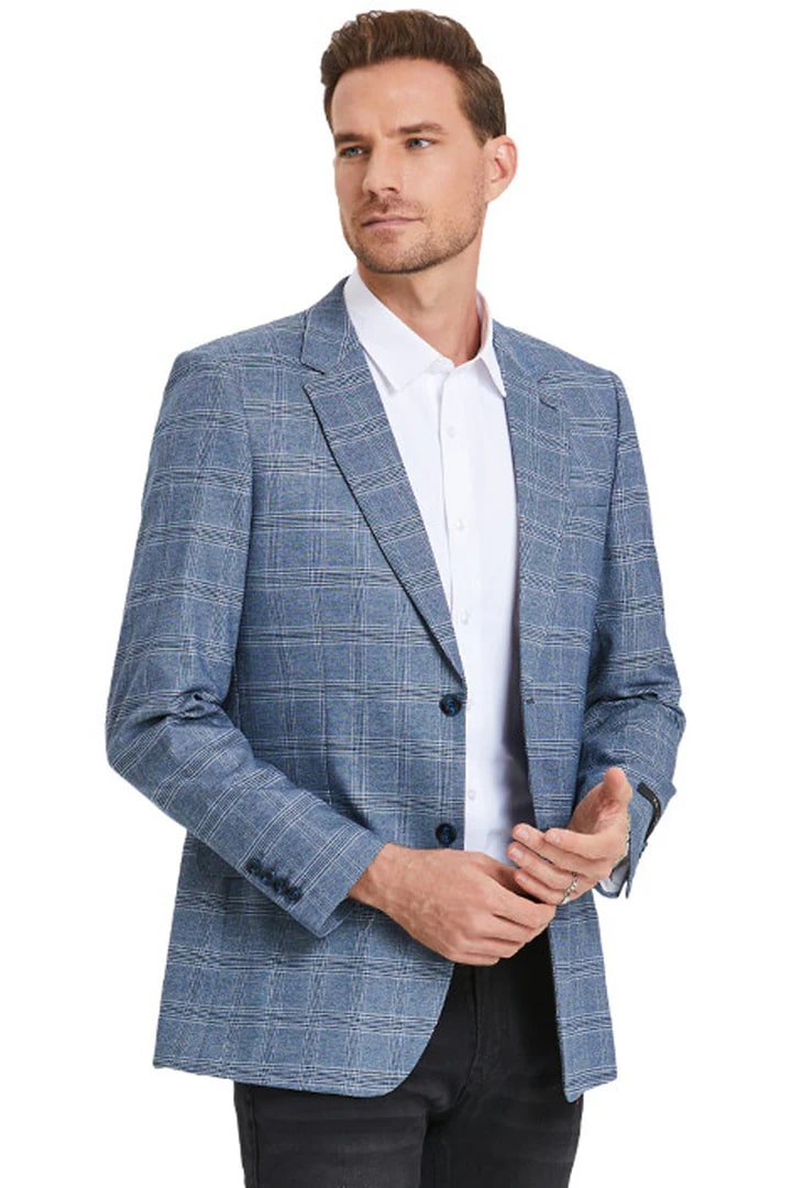 Sacos Vaqueros - Sacos Para Hombre - Abrigo deportivo a cuadros azul claro informal de negocios de corte entallado para hombre