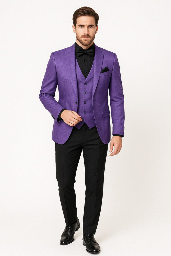 Purple Suits - Men’s Purple Paisley Tuxedo Suit – 3 Piece Formal Set with Vest and Bow Tie