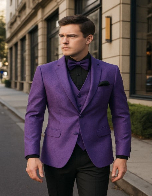 Purple Tuxedos - Mens Purple Paisley Tuxedo – 3 Piece Suit with Bow Tie and Black Pants | Wedding & Prom Outfit - Slim Fitted