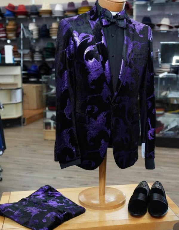 Mardi Gras Suit - Mardi Gras Suit - Purple and Black Paisley Tuxedo Dinner Jacket + Matching Pants - Slim Fitted