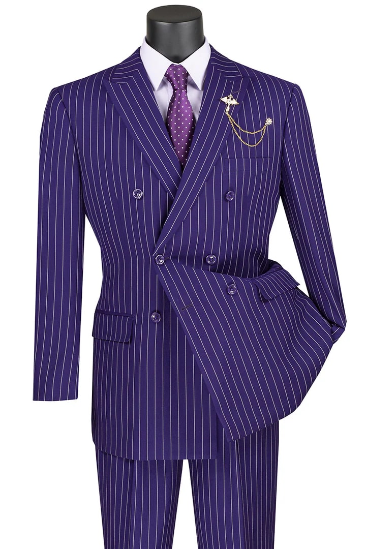 Trajes Elegantes Para Hombre - Mens Double Breasted gangster Bold Purple Pinstripe Suit