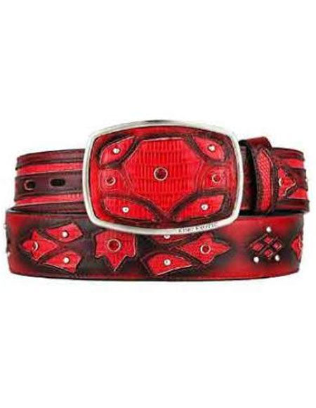 Mens Caiman Belt - Fashion Western Belt Red Original Lizard Teju Skin
