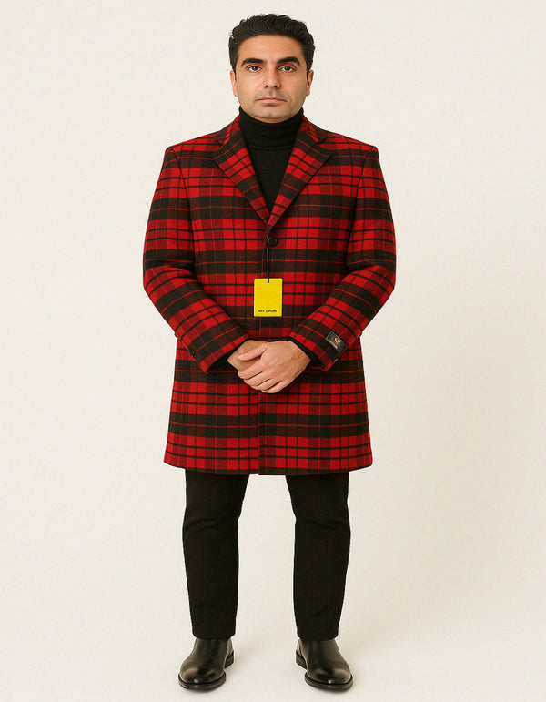 Red Overcoat - Mens Red and Black Plaid Wool Overcoat – Three Quarter Carcoat - Christmas Coat - Red Peacoat
