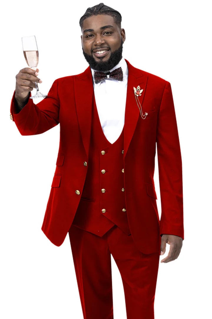 Trajes Elegantes Para Hombre - Trajes De Vestir - Mens Modern Two Button Vested Red Double Breasted Peak Lapel Suit