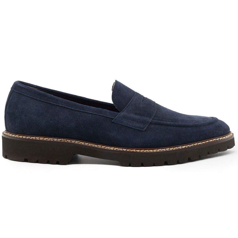 Zelli Roma Italian Suede Penny Loafers in Navy with Rubber Lug Sole