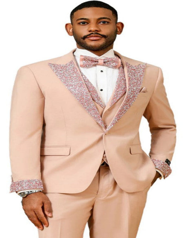 Rose Gold Tuxedo - Rose Gold Prom Tuxedo - Perfect Wedding Suit Vested Rhinestone Lapelled