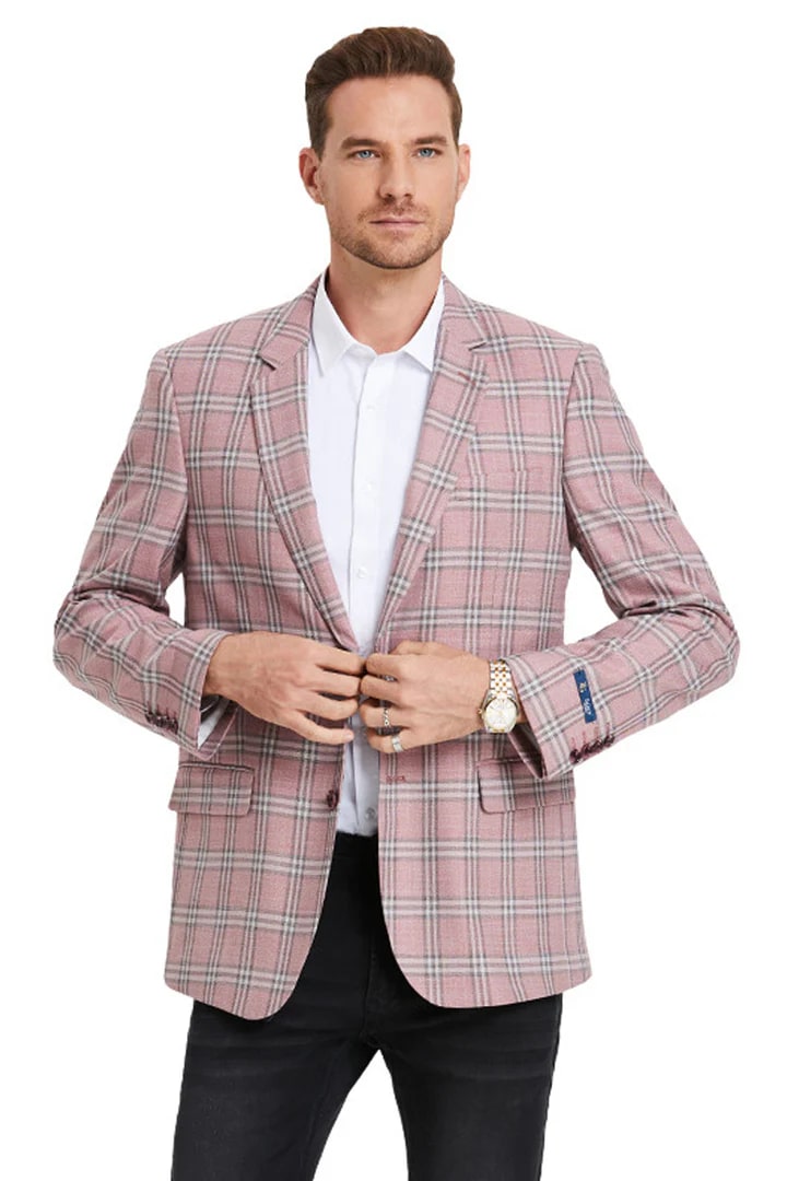 Sacos Vaqueros - Sacos Para Hombre - Men's Two Button Business Casual Double Windowpane Sport Coat In Rose Pink