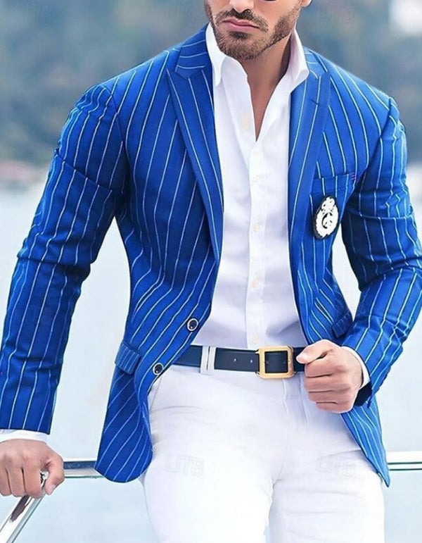 Pinstripe Blazer - Royal Blue Pinstripe Blazer With White Pants - Suit Party Blazer