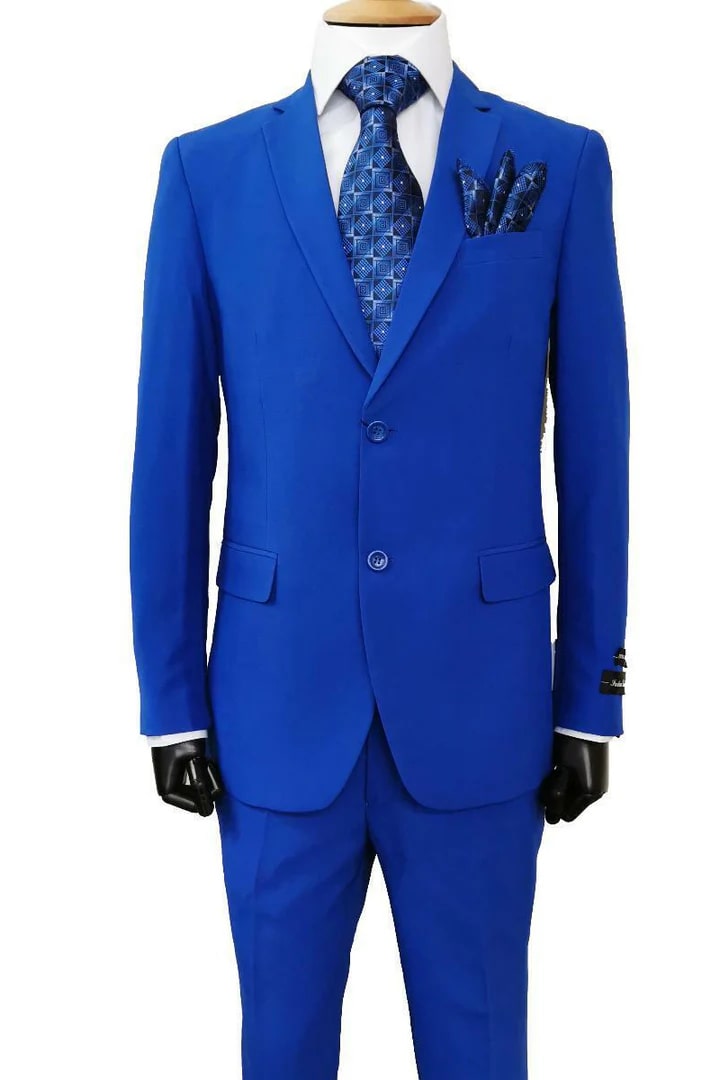 Trajes Elegantes Para Hombre - Trajes De Vestir - Mens Two Button Classic Fit Basic Royal Blue Poplin Suit