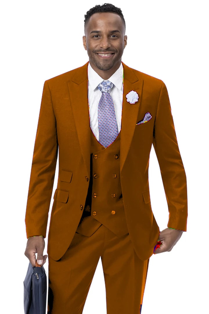 Trajes Elegantes Para Hombre - Trajes De Vestir - Mens Modern Two Button Vested Double Breasted Rust Suit
