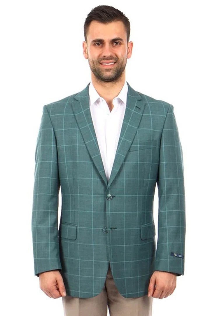 Sacos Vaqueros - Sacos Para Hombre - Men's Two Button Windowpane Plaid Green Sport Coat