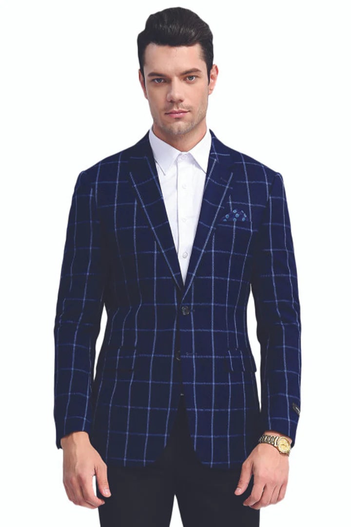 Sacos Vaqueros - Sacos Para Hombre - Men's Slim Fit Two Button Chalk Bold Windowpane Sport Coat In Navy Blue