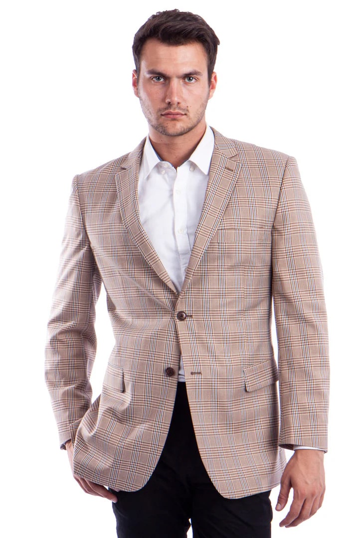 Sacos Vaqueros - Sacos Para Hombre - Men's Two Button Regular Fit Tan & Blue Double Windowpane Plaid Blazer