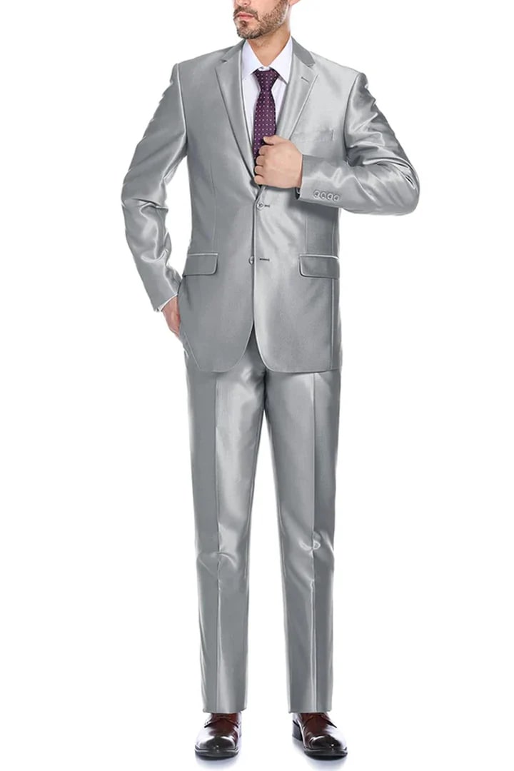 Trajes Elegantes Para Hombre - Trajes De Vestir - Mens Basic Two Button Classic Fit Grey Sharkskin Suit
