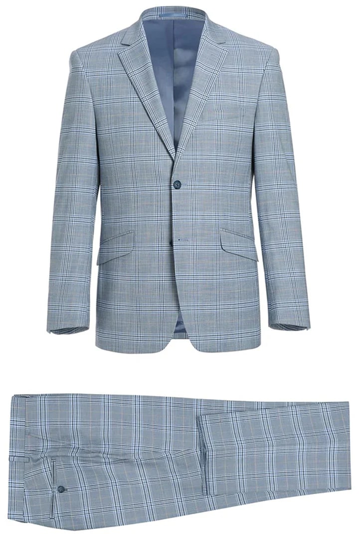 Trajes Elegantes Para Hombre - Trajes De Vestir - Mens Two Button Slim Fit Sky Blue Windowpane Suit