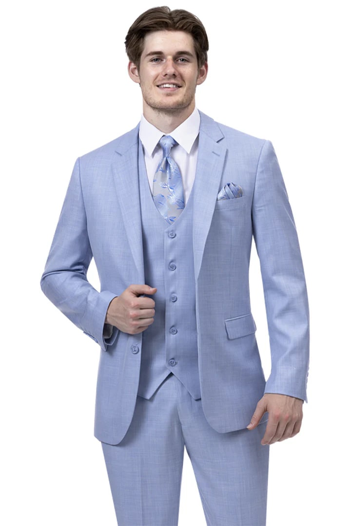 Trajes Elegantes Para Hombre - Trajes De Vestir - Mens Modern Fit Two Button Sharkskin Sky Blue Suit