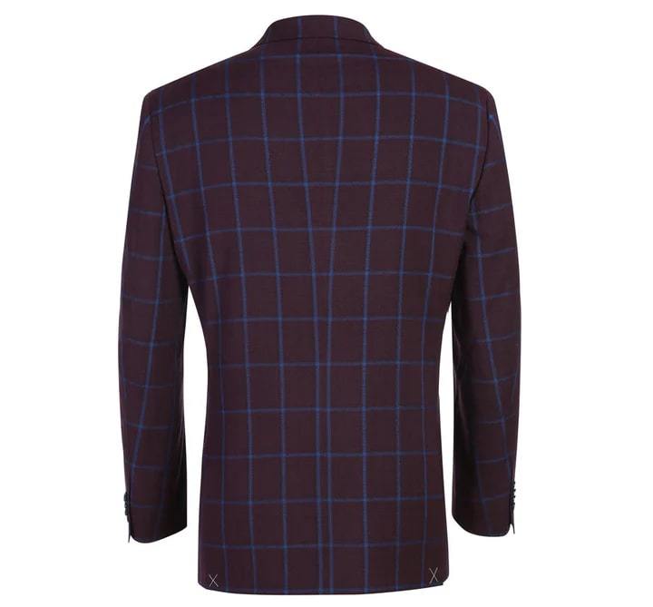 Sacos Vaqueros - Sacos Para Hombre  - Mens Two Button Slim Fit Sport Coat Blazer In Burgundy & Blue Windowpane Plaid