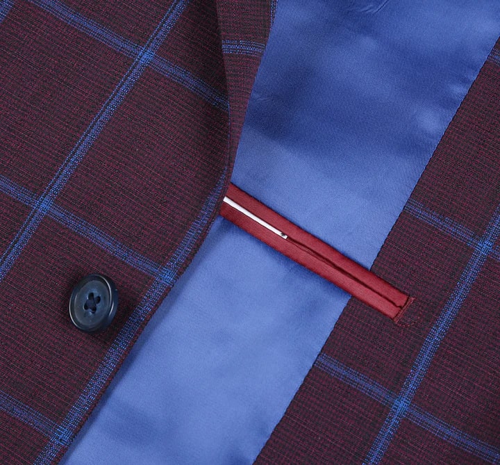 Sacos Vaqueros - Sacos Para Hombre  - Mens Two Button Slim Fit Sport Coat Blazer In Burgundy & Blue Windowpane Plaid