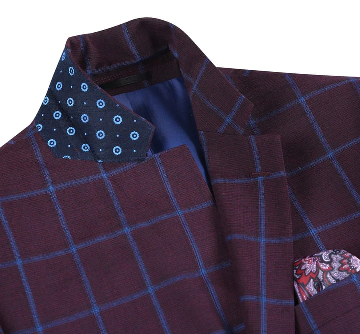 Sacos Vaqueros - Sacos Para Hombre  - Mens Two Button Slim Fit Sport Coat Blazer In Burgundy & Blue Windowpane Plaid
