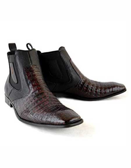 Botas cortas de piel de cocodrilo originales con punta cuadrada y acabado en cerezo negro para hombre