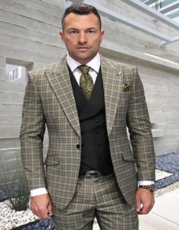 Ticket Pocket Suit - Statement Suits - Wool Suits - Peak Lapel Suits - Ticket Pocket - Modern Fit - Olive Suit