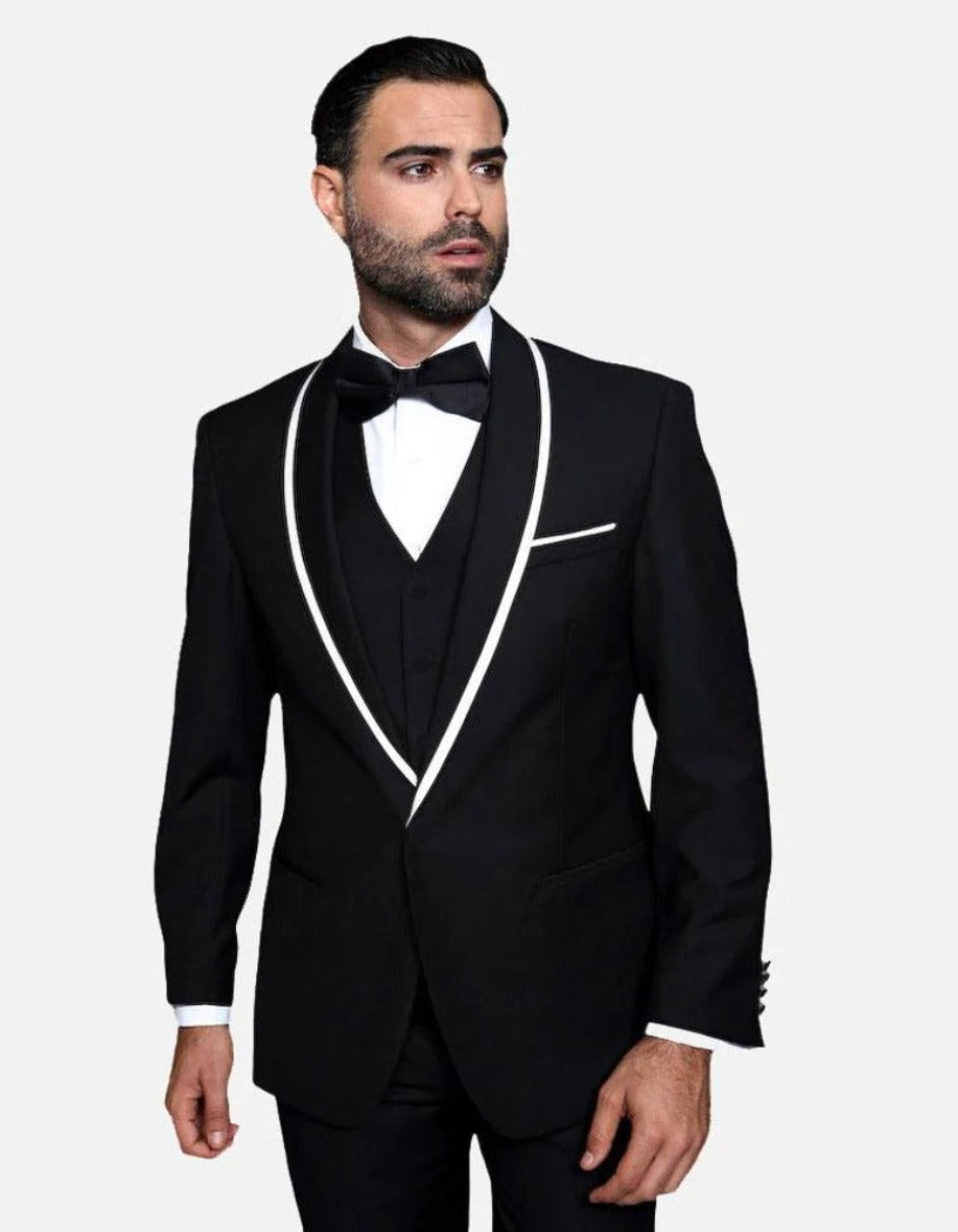 Trajes De Dombre Para Boda - Trajes De Novio - Traje Para Hombre - Black with White Lapel  Suit