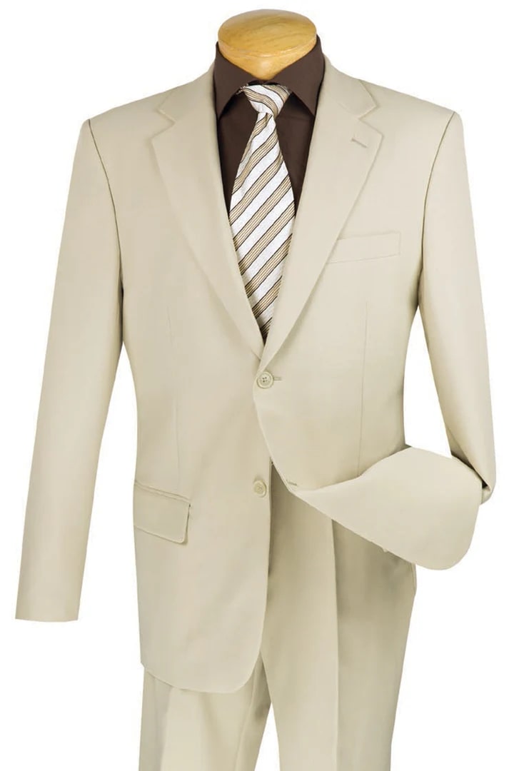 Trajes Elegantes Para Hombre - Trajes De Vestir - Mens Two Button Beige Classic Poplin Suit