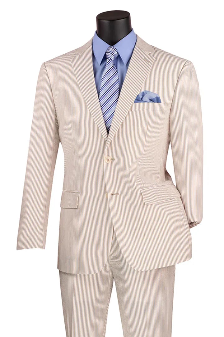 Trajes Elegantes Para Hombre - Trajes De Vestir - Mens 2 pc Summer Seersucker Modern Fit Pinstripe Tan Suit