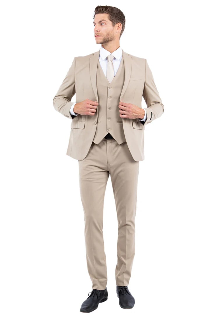 Trajes Elegantes Para Hombre - Trajes De Vestir - Mens One Button Vested Slim Fit Business & Tan Wedding Suit