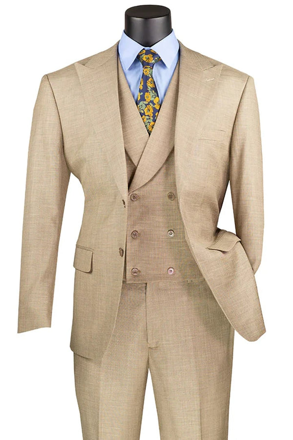Mens Khaki Suit - Trajes Elegantes Para Hombre - Trajes De Vestir - Mens Summer Sharkskin Double Breasted Tan Suit