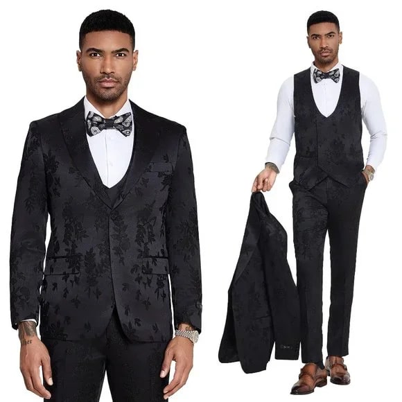 Traje de 3 piezas con estampado floral para hombre 2024 con chaleco cruzado para fiesta de graduación de Tazzio, negro