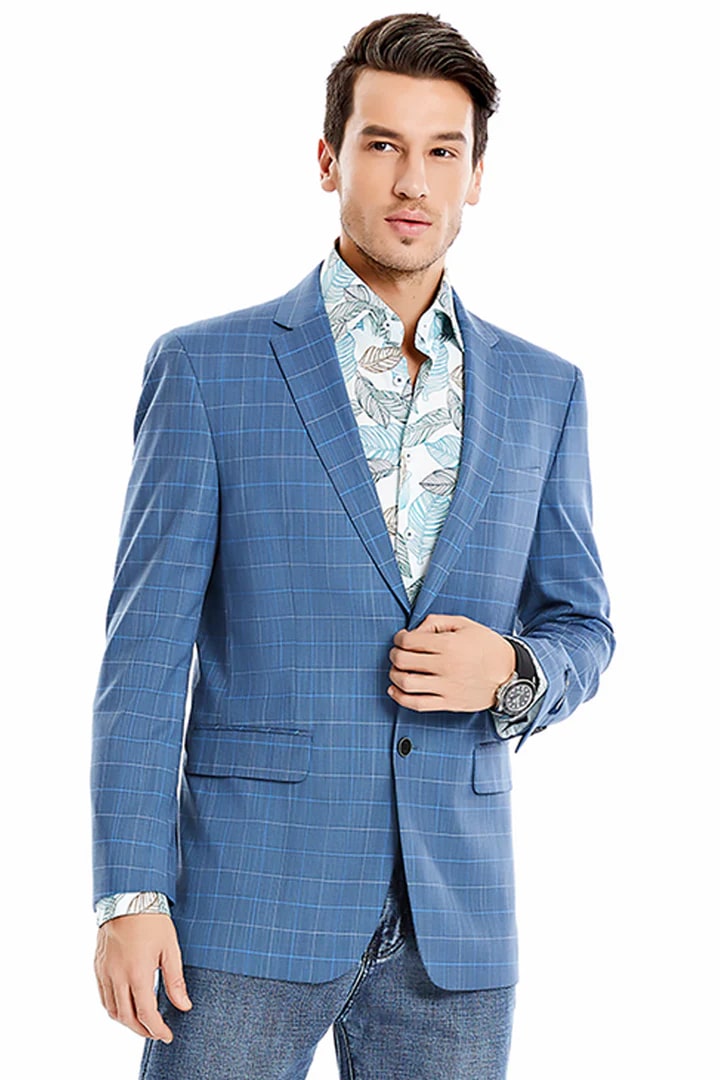 Sacos Vaqueros - Sacos Para Hombre - Men's Two Button Regular Fit Windowpane Plaid  Teal Sport Coat Blazer