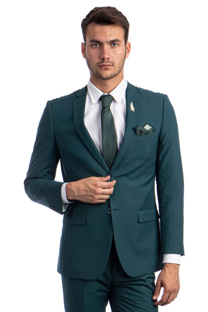 Trajes Elegantes Para Hombre - Trajes De Vestir - Mens Basic Two Button Slim Fit Teal Green Wedding Suit