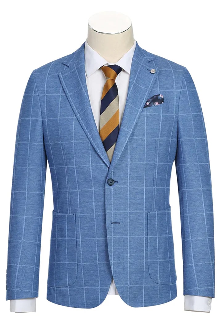 Sacos Vaqueros - Sacos Para Hombre  - Mens Half Canvas Unconstructed Sport Coat Blazer In Light Blue Windowpane Plaid