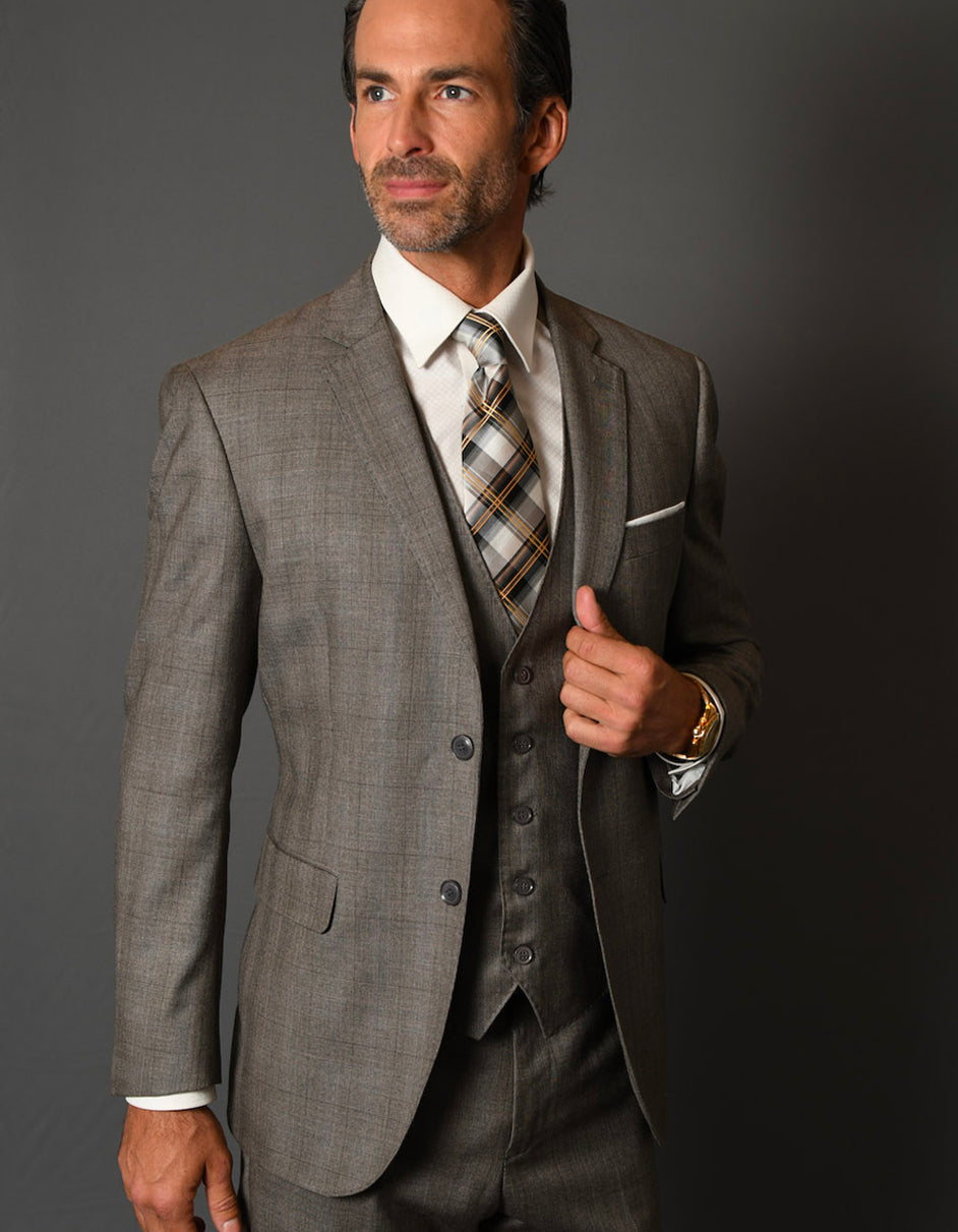 Trajes De Dombre Para Boda - Trajes De Novio - Traje Para Hombre - Taupe Plaid Pinstripe Suit