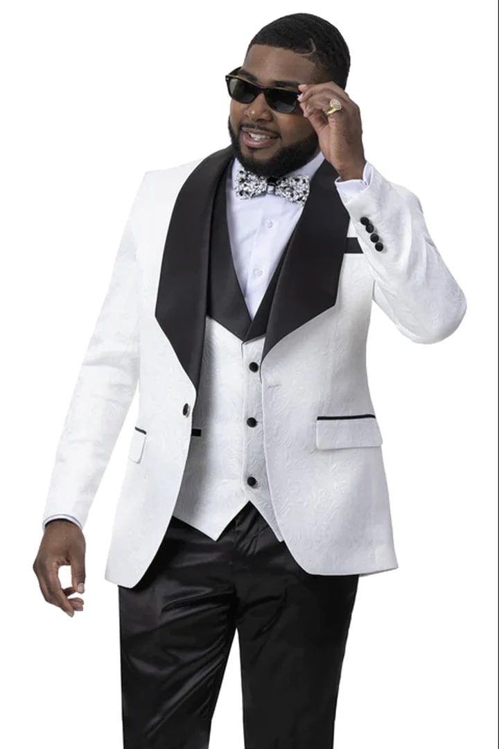 Trajes De Hombre Para Boda - Trajes Para Novio -White / Black  2 Button Suit