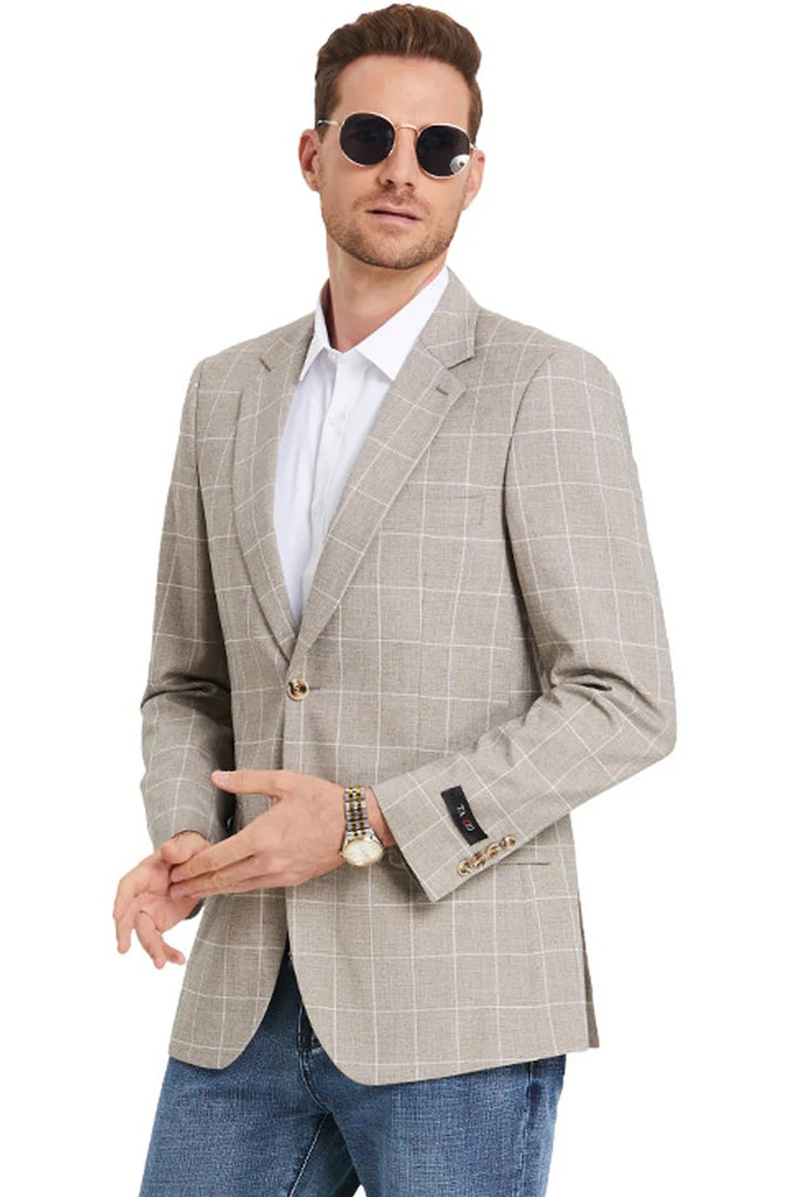 Sacos Vaqueros - Sacos Para Hombre - Men's Slim Fit Business Casual Summer Windowpane Plaid Suit In Light Tan