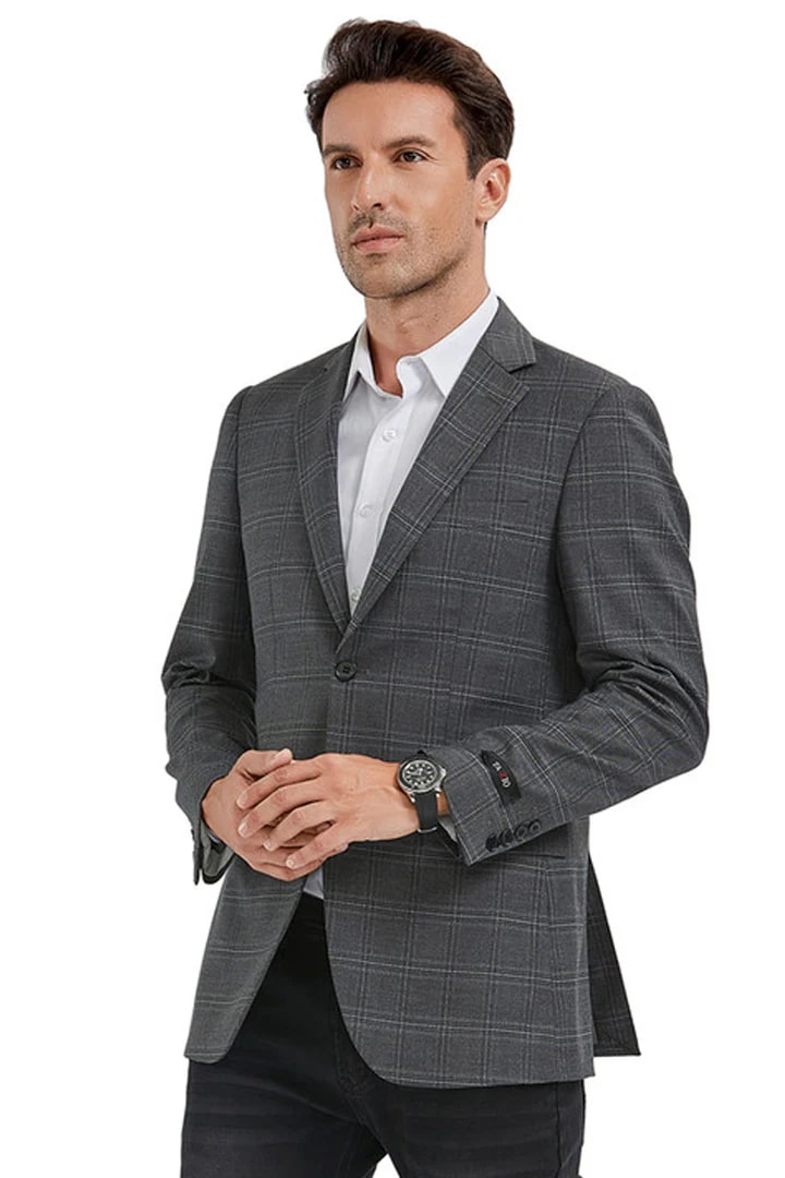 Sacos Vaqueros - Sacos Para Hombre - Men's Slim Fit 2 Button Sport Coat Blazer In Grey Windowpane Plaid