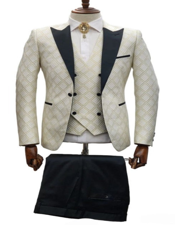 Cream Tuxedo Suit - Ivory Wedding Suit - Cream Tuxedo Suit - Ivory Dinner Jacket Plus Pants White ~ Gold