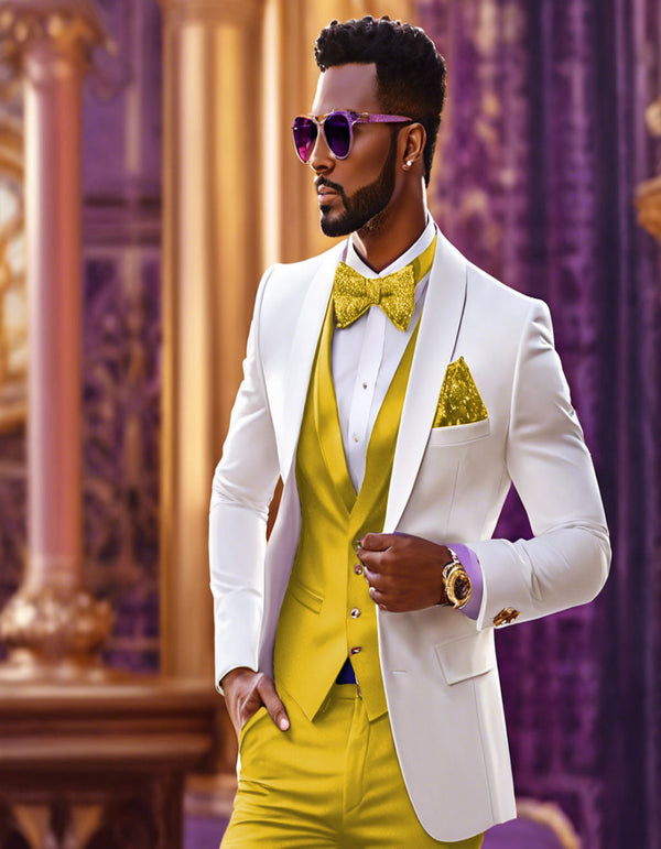 White and Gold Tuxedo - White and Gold Tuxedo Wedding Suit - White Dinner Jacket + Vest + Pants + Bow-tie