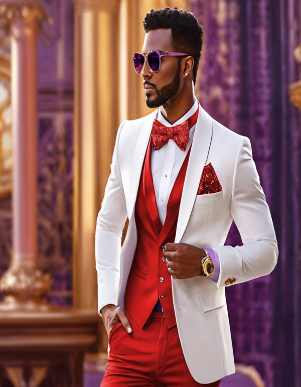 White Blazer - White and Red Tuxedo Wedding Suit - White Dinner Jacket + Vest + Pants + Bow-tie