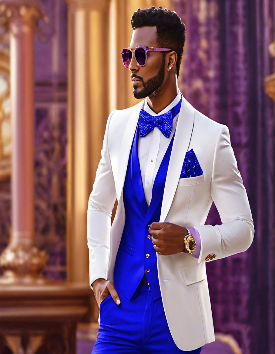 White and Royal Blue Tuxedo Wedding Suit - White Dinner Jacket + Vest + Pants + Bow-tie